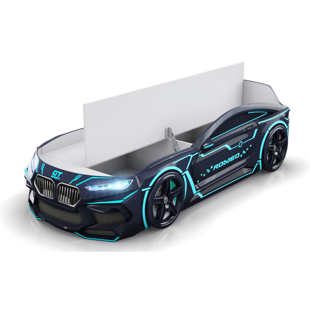 Кровать-машинка Romack Romeo 3D с подсветкой фар + ящик Книжка
